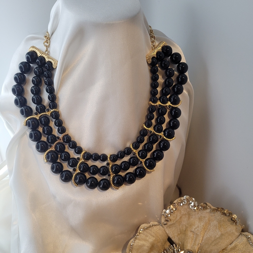 Iman Egyptian Style Statement Black Bead Collar Necklace with Rhinestone Accents